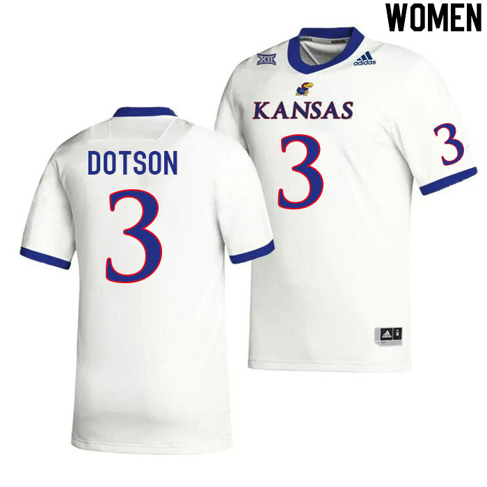 Women #3 Mello Dotson Kansas Jayhawks College Football Jerseys Stitched Sale-White - Click Image to Close
